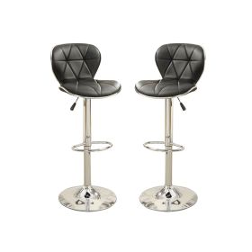Set of 2 Adjustable Black PU Bar Stools; Chrome