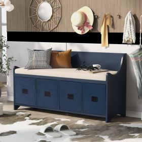TREXM Movable Cushion Storage Bench with Drawers and Backrest for Entryway and Living Room(Antique Navy)