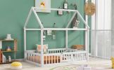 Full Size Wood House Bed with Fence and Door, White Wash (Expected Arrival Time:6.30)