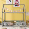 Full Size Wood House Bed with Fence and Door, Gray Wash (Expected Arrival Time:6.30)