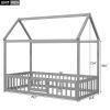 Twin Size Wood House Bed with Fence and Door, Gray Wash (Expected Arrival Time:6.30)