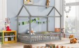 Twin Size Wood House Bed with Fence and Door, Gray Wash (Expected Arrival Time:6.30)