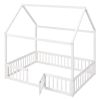 Full Size Wood House Bed with Fence and Door, White Wash (Expected Arrival Time:6.30)
