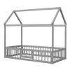 Twin Size Wood House Bed with Fence and Door, Gray Wash (Expected Arrival Time:6.30)