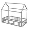 Twin Size Wood House Bed with Fence and Door, Gray Wash (Expected Arrival Time:6.30)