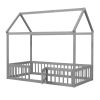 Twin Size Wood House Bed with Fence and Door, Gray Wash (Expected Arrival Time:6.30)