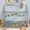 Twin Size Wood House Bed with Fence and Door, Gray Wash (Expected Arrival Time:6.30)