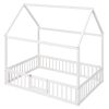 Full Size Wood House Bed with Fence and Door, White Wash (Expected Arrival Time:6.30)