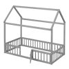 Twin Size Wood House Bed with Fence and Door, Gray Wash (Expected Arrival Time:6.30)