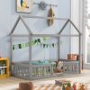 Twin Size Wood House Bed with Fence and Door, Gray Wash (Expected Arrival Time:6.30)
