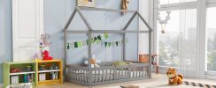Twin Size Wood House Bed with Fence and Door, Gray Wash (Expected Arrival Time:6.30)