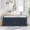 TREXM Storage Bench with 4 Doors and Adjustable Shelves; Shoe Bench with Removable Cushion for Living Room; Entryway (Antique Navy)