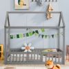 Twin Size Wood House Bed with Fence and Door, Gray Wash (Expected Arrival Time:6.30)