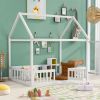 Full Size Wood House Bed with Fence and Door, White Wash (Expected Arrival Time:6.30)