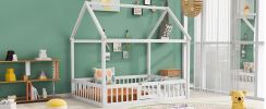 Full Size Wood House Bed with Fence and Door, White Wash (Expected Arrival Time:6.30)